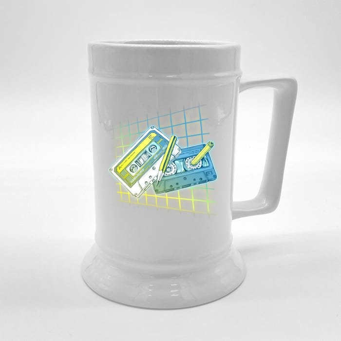 Retro 80's Rewind Cassette Tapes Broken Pencil Front & Back Beer Stein