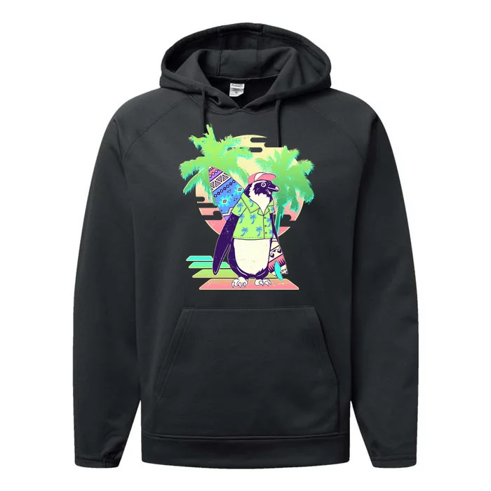 Retro 80's Tropical Surfer Penguin Performance Fleece Hoodie