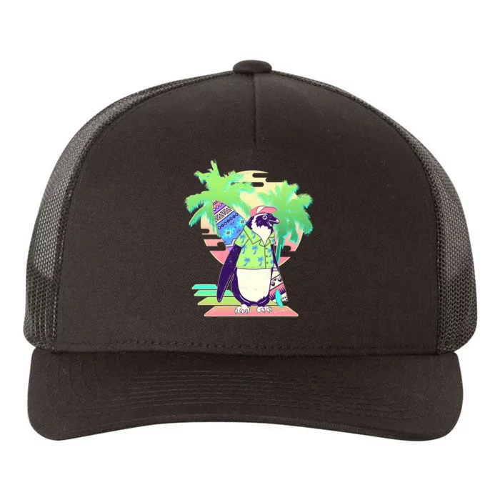 Retro 80's Tropical Surfer Penguin Yupoong Adult 5-Panel Trucker Hat