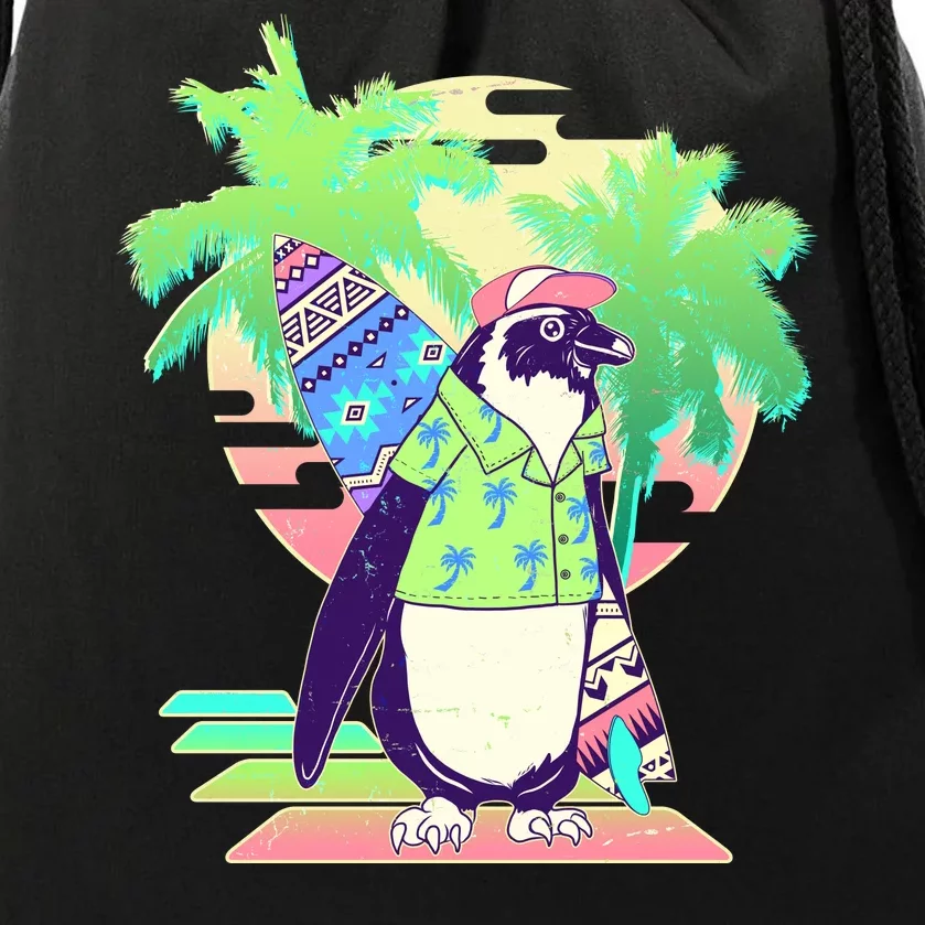 Retro 80's Tropical Surfer Penguin Drawstring Bag