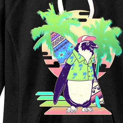 Retro 80's Tropical Surfer Penguin Women's Fleece Hoodie