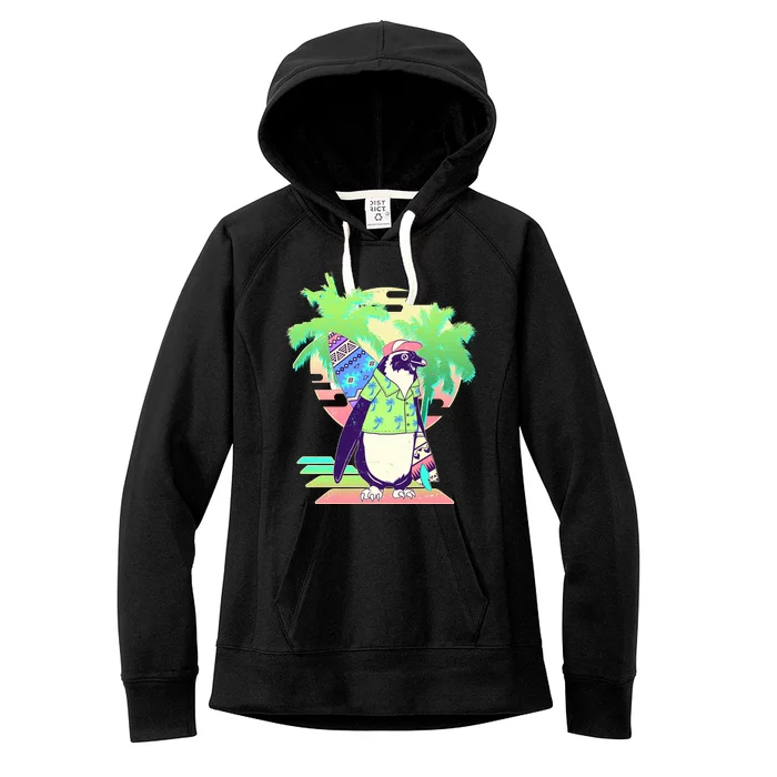 Retro 80's Tropical Surfer Penguin Women's Fleece Hoodie