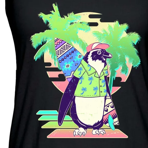 Retro 80's Tropical Surfer Penguin Ladies Essential Flowy Tank