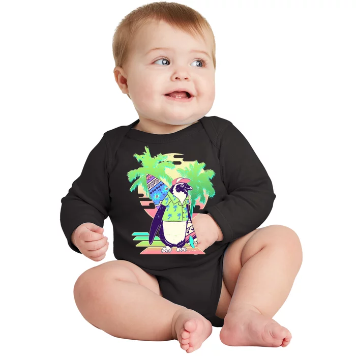 Retro 80's Tropical Surfer Penguin Baby Long Sleeve Bodysuit