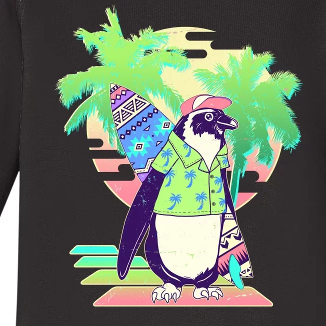 Retro 80's Tropical Surfer Penguin Baby Long Sleeve Bodysuit