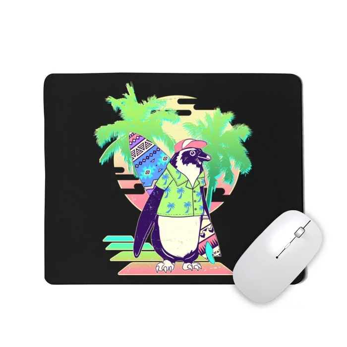 Retro 80's Tropical Surfer Penguin Mousepad