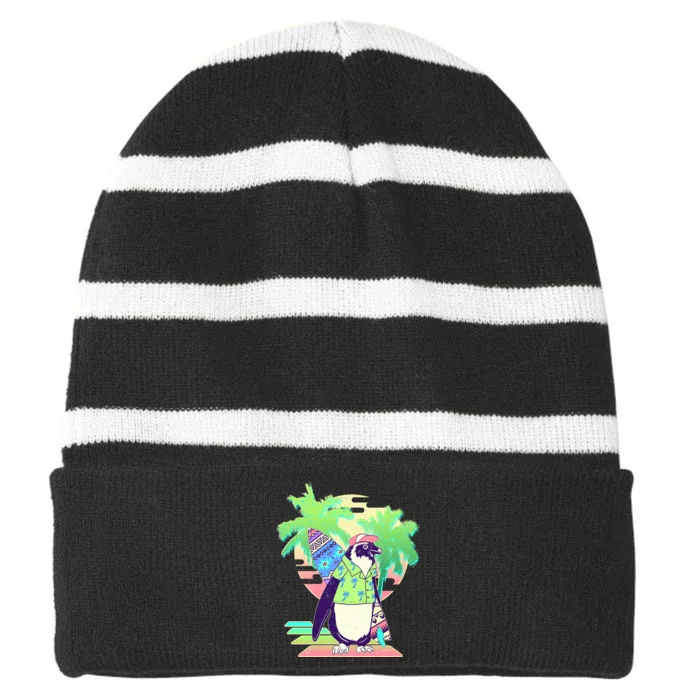 Retro 80's Tropical Surfer Penguin Striped Beanie with Solid Band