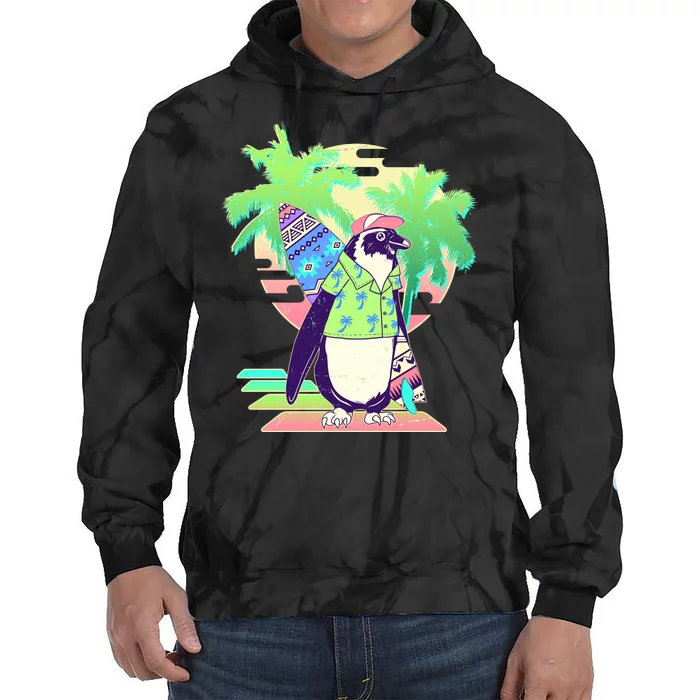 Retro 80's Tropical Surfer Penguin Tie Dye Hoodie