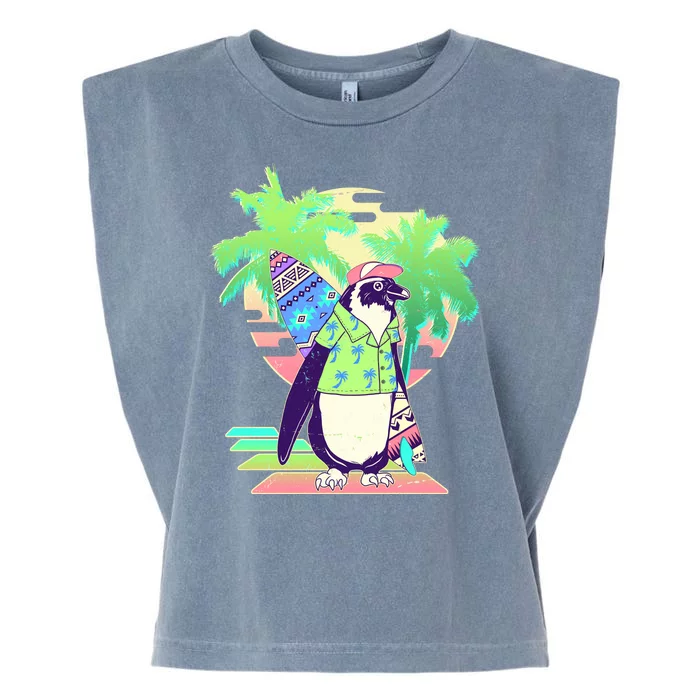 Retro 80's Tropical Surfer Penguin Garment-Dyed Women's Muscle Tee