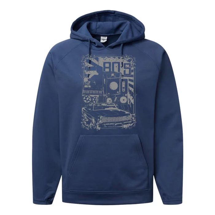 Retro 80's Vintage Classic Car Boombox Graphic Performance Fleece Hoodie