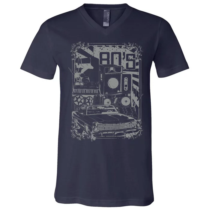 Retro 80's Vintage Classic Car Boombox Graphic V-Neck T-Shirt