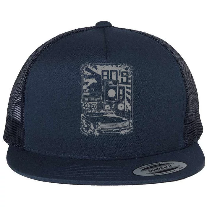 Retro 80's Vintage Classic Car Boombox Graphic Flat Bill Trucker Hat