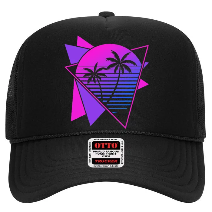 Retro 80s Vaporwave Aesthetic Palm Trees 90s Art Vaporwave High Crown Mesh Trucker Hat