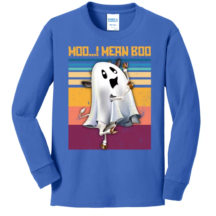 Retro 90s Ghost Cow Moo I Mean Boo Halloween Cow Lover Gift Kids Long Sleeve Shirt