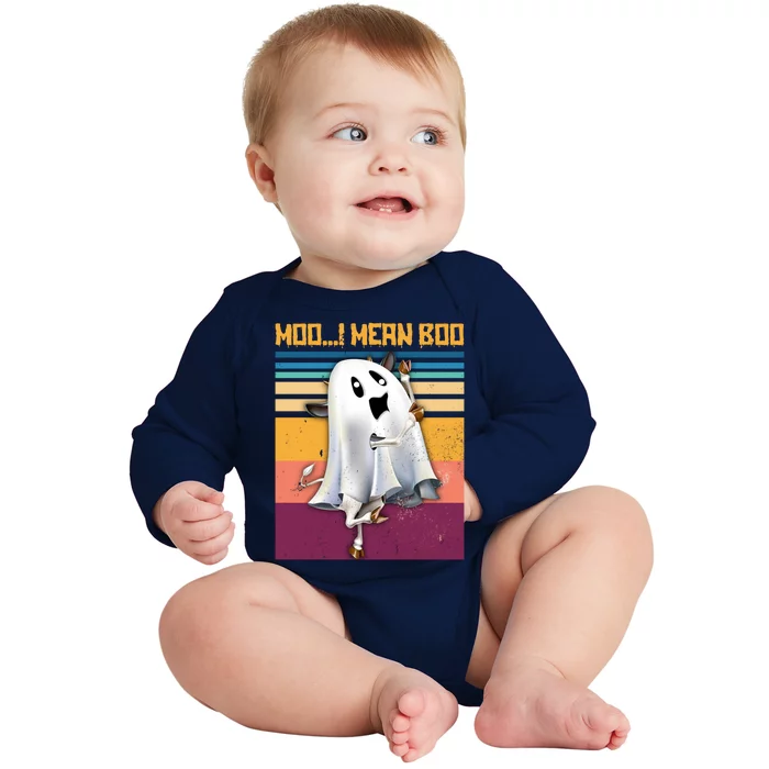 Retro 90s Ghost Cow Moo I Mean Boo Halloween Cow Lover Gift Baby Long Sleeve Bodysuit