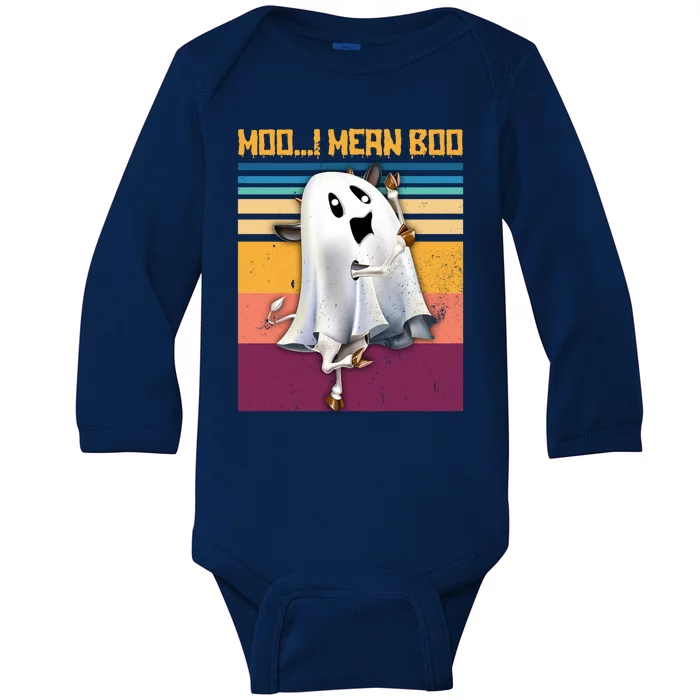 Retro 90s Ghost Cow Moo I Mean Boo Halloween Cow Lover Gift Baby Long Sleeve Bodysuit