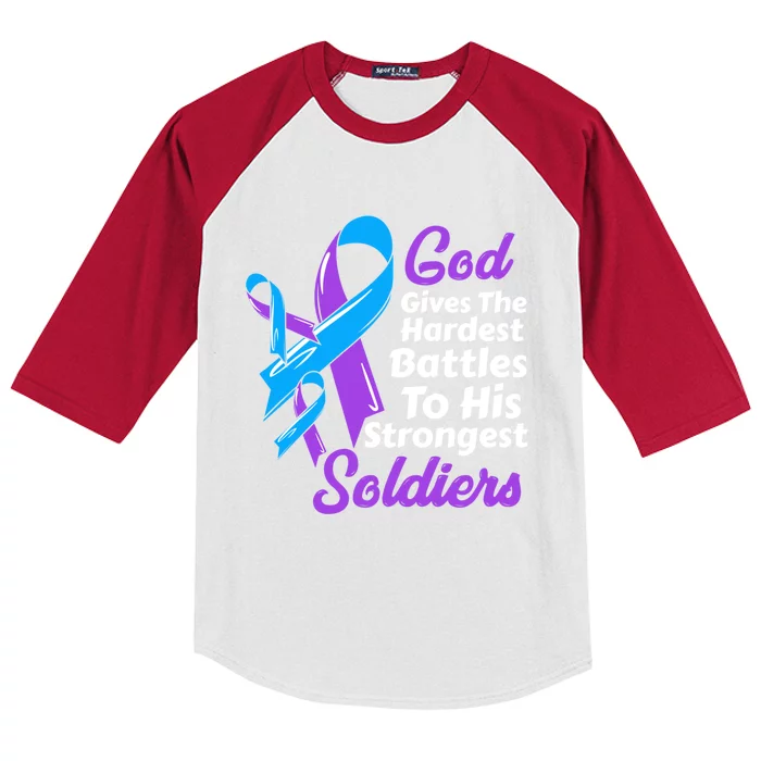 Rheumatoid Arthritis Awareness Ribbon God Strongest Soldiers Gift Kids Colorblock Raglan Jersey