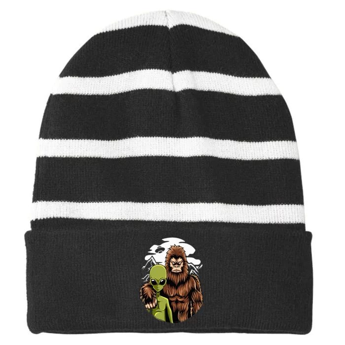 Retro Alien And Bigfoot Sasquatch UFO Believer Striped Beanie with Solid Band