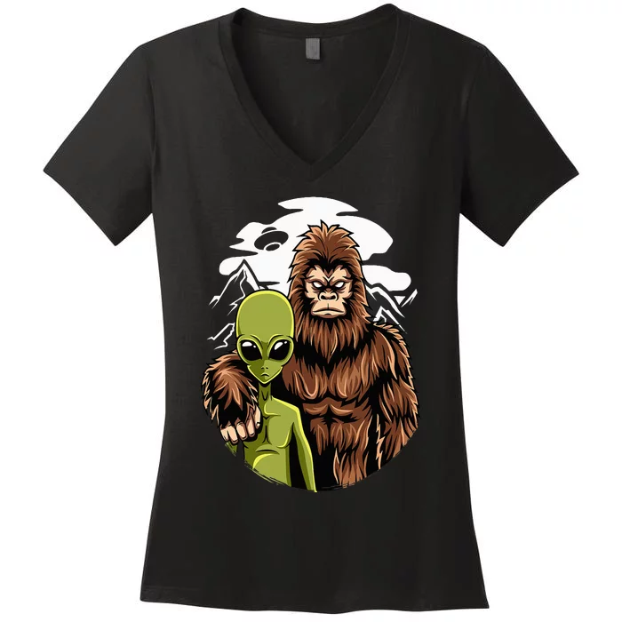 Retro Alien And Bigfoot Sasquatch UFO Believer Women's V-Neck T-Shirt