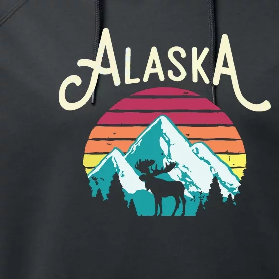 Retro Alaska Ak Juneau Mountains Wildlife Moose Performance Fleece Hoodie