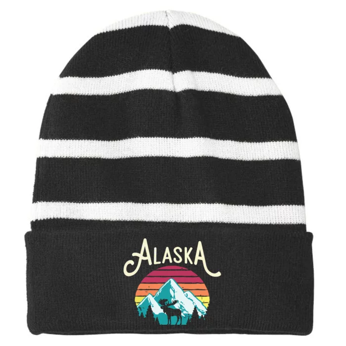 Retro Alaska Ak Juneau Mountains Wildlife Moose Striped Beanie with Solid Band