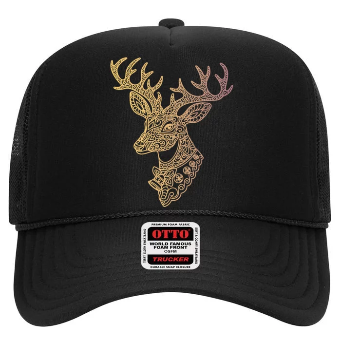 Reindeer Abstract Art Holiday High Crown Mesh Trucker Hat