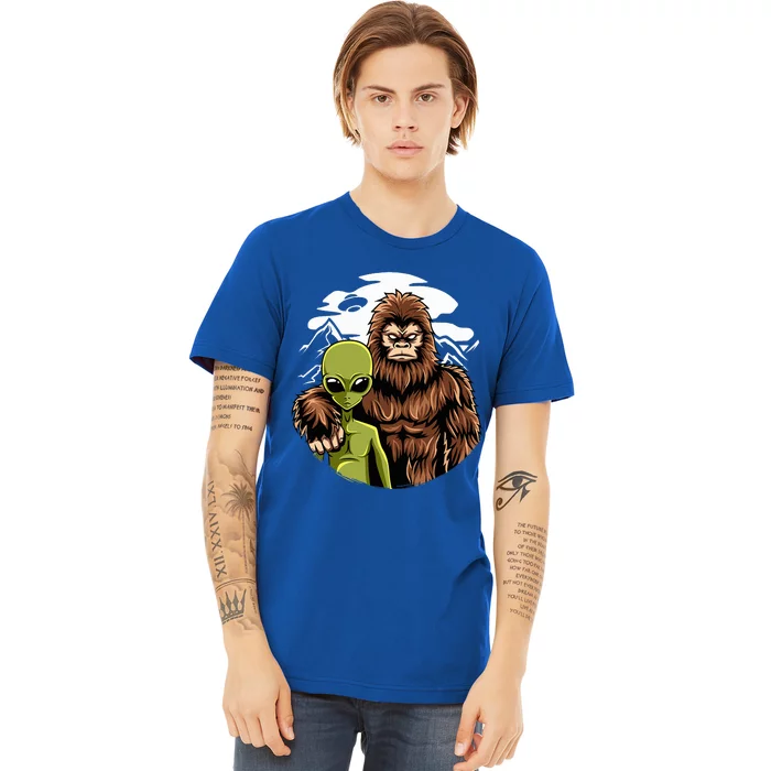 Retro Alien And Bigfoot Sasquatch UFO Believer Premium T-Shirt