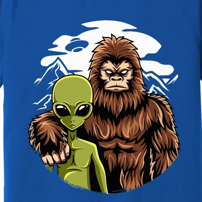 Retro Alien And Bigfoot Sasquatch UFO Believer Premium T-Shirt