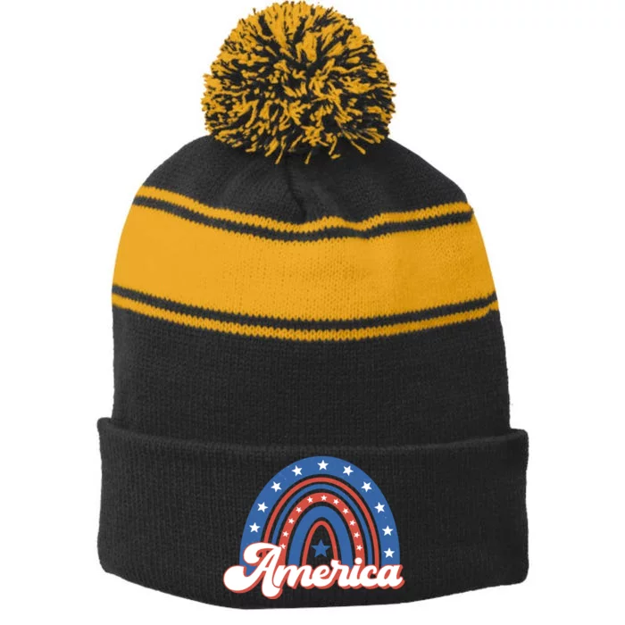 Rainbow America American Flag Patriotic 4th Of July Boy Girl Gift Stripe Pom Pom Beanie