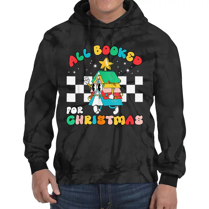 Retro All Booked For Christmas Book Christmas Tree Lights Tie Dye Hoodie