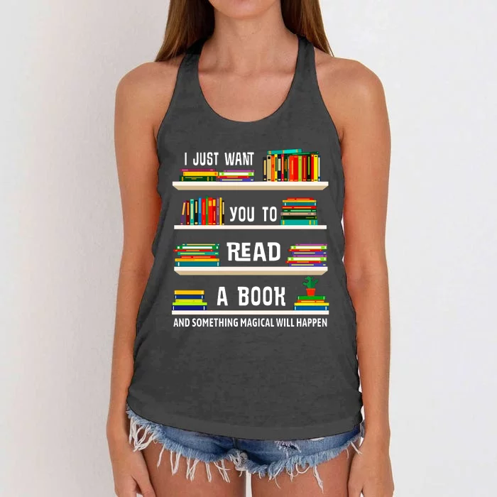 Read A Book Something Magical Will Happen Book Lovers Women's Knotted Racerback Tank