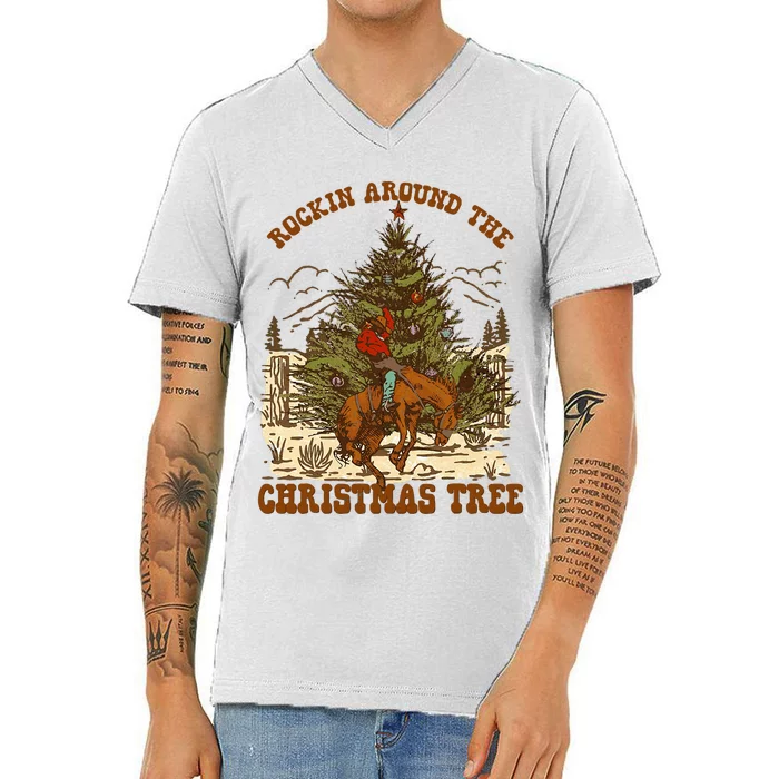 Rockin Around Christmas Cowboy Tree Santa Ride Horse Pajama V-Neck T-Shirt