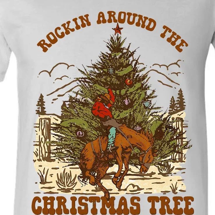 Rockin Around Christmas Cowboy Tree Santa Ride Horse Pajama V-Neck T-Shirt