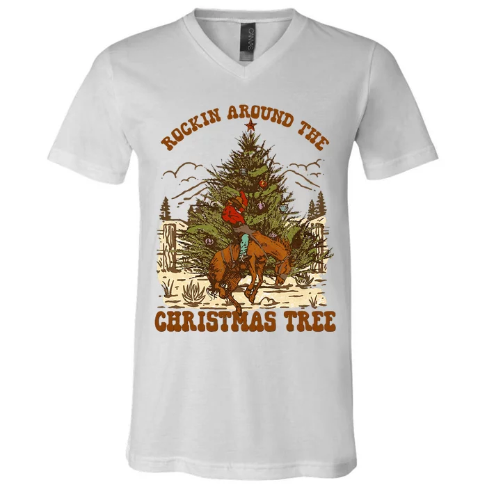 Rockin Around Christmas Cowboy Tree Santa Ride Horse Pajama V-Neck T-Shirt