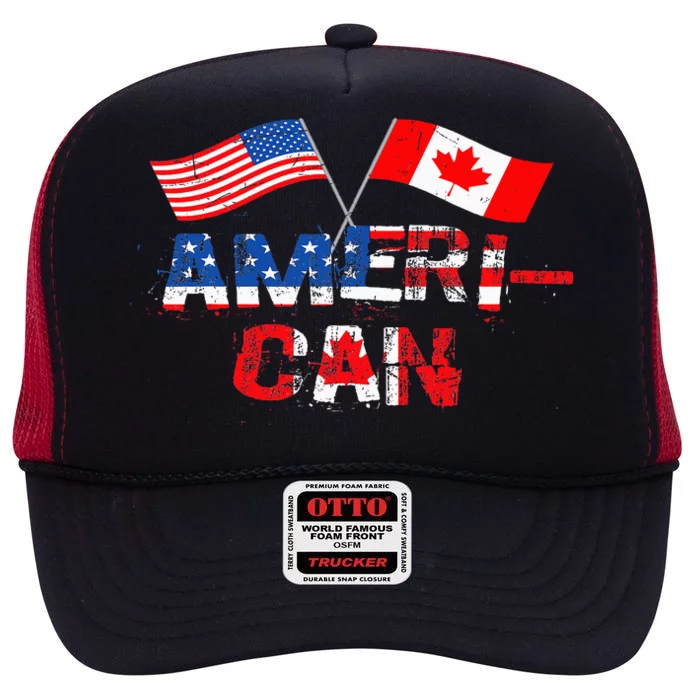 Retro AmeriCan Canada USA Flag Patriotic Canadian American High Crown Mesh Trucker Hat