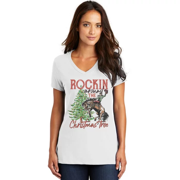 Rockin' Around Christmas Tree Cowboy Xmas Design Women's V-Neck T-Shirt