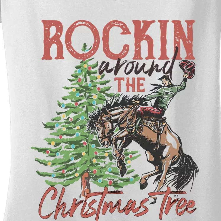 Rockin' Around Christmas Tree Cowboy Xmas Design Women's V-Neck T-Shirt