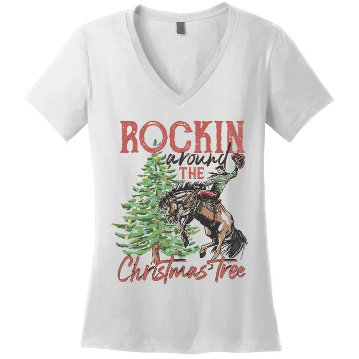 Rockin' Around Christmas Tree Cowboy Xmas Design Women's V-Neck T-Shirt