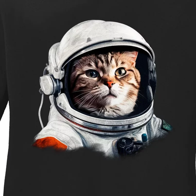 Realistic Astronaut Cat Ladies Long Sleeve Shirt