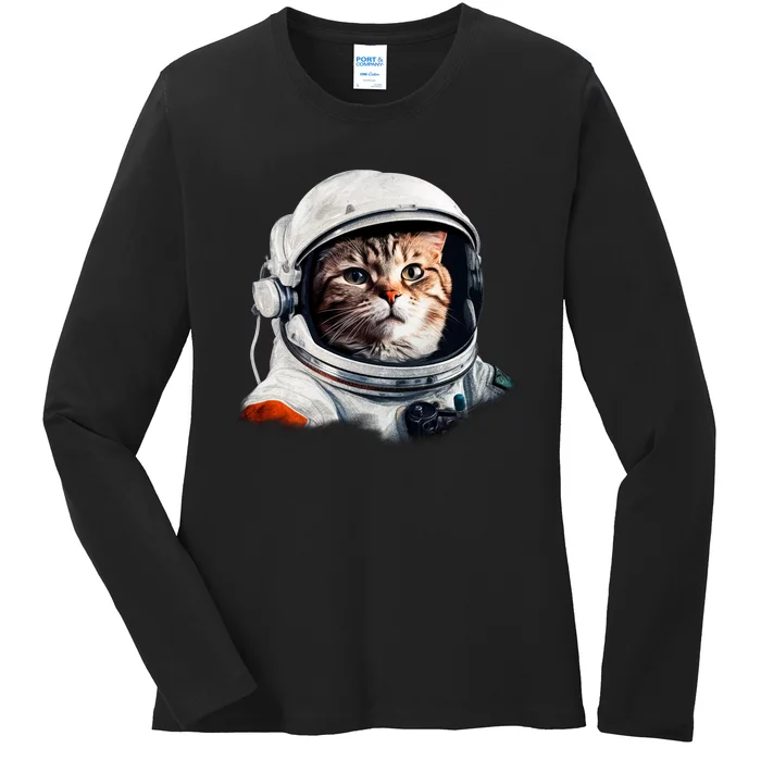 Realistic Astronaut Cat Ladies Long Sleeve Shirt