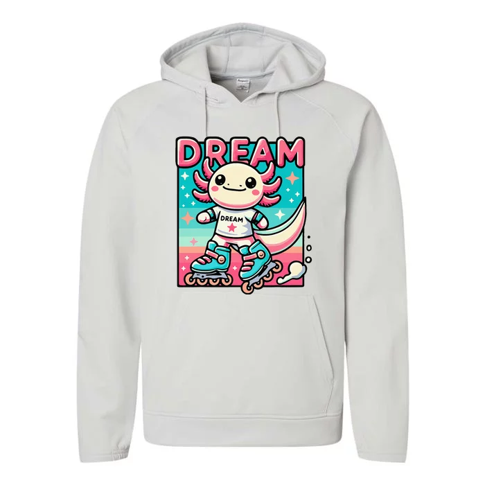 Rollerblading Axolotl Cute Salamander On Inline Skates Performance Fleece Hoodie