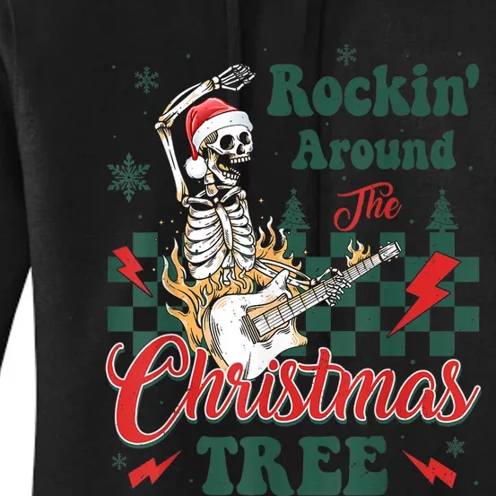 Rocking Around Christmas Tree Santa Hat Skeleton Guitar Xmas Women's Pullover Hoodie