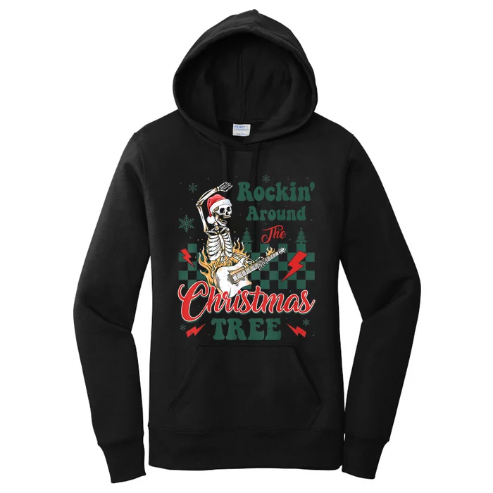 Rocking Around Christmas Tree Santa Hat Skeleton Guitar Xmas Women's Pullover Hoodie