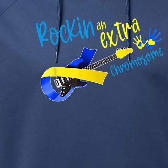 Rockin’ An Extra Chromosome Rock Guitar Down Syndrome T21 Gift Performance Fleece Hoodie