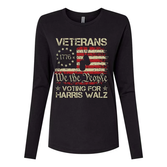 Retro America Flag Veterans Voting For Harris Walz 2024 Womens Cotton Relaxed Long Sleeve T-Shirt