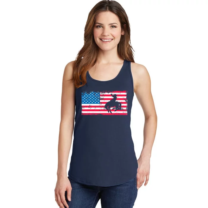 Retro American Flag Rodeo Bronc Horse Riding Cowboy Cowgirl Ladies Essential Tank