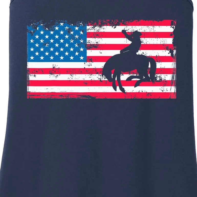 Retro American Flag Rodeo Bronc Horse Riding Cowboy Cowgirl Ladies Essential Tank