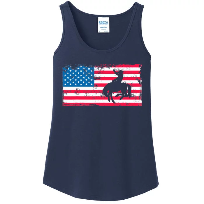 Retro American Flag Rodeo Bronc Horse Riding Cowboy Cowgirl Ladies Essential Tank