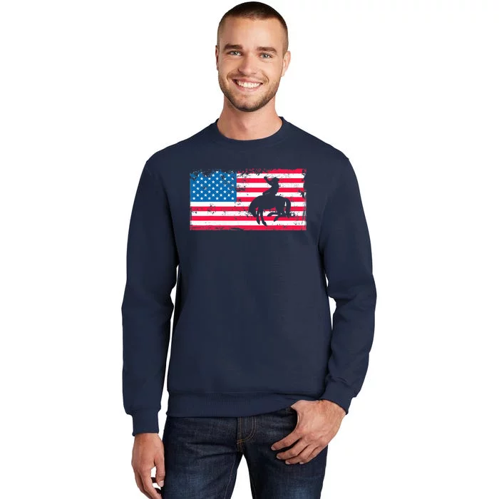 Retro American Flag Rodeo Bronc Horse Riding Cowboy Cowgirl Tall Sweatshirt