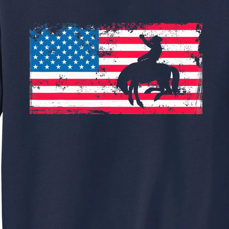 Retro American Flag Rodeo Bronc Horse Riding Cowboy Cowgirl Tall Sweatshirt